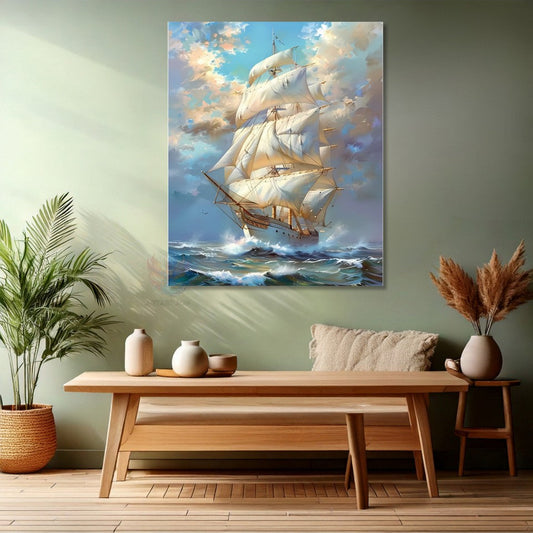 White Sailing Ship Canvas Painting Living Room Art Wall Decor