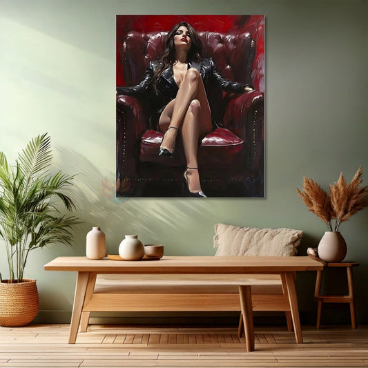 Beautiful Woman in Red Armchair Canvas Painting Living Room Wall Art