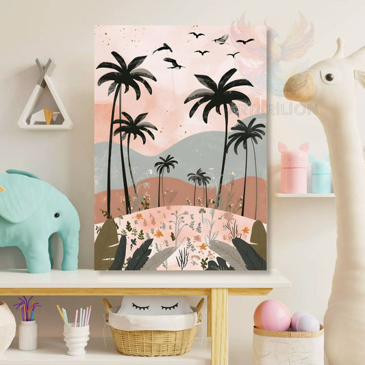 Canvas Birds, Flowers and Palm Trees Patterned Printed Wall Decor Children's Room Painting