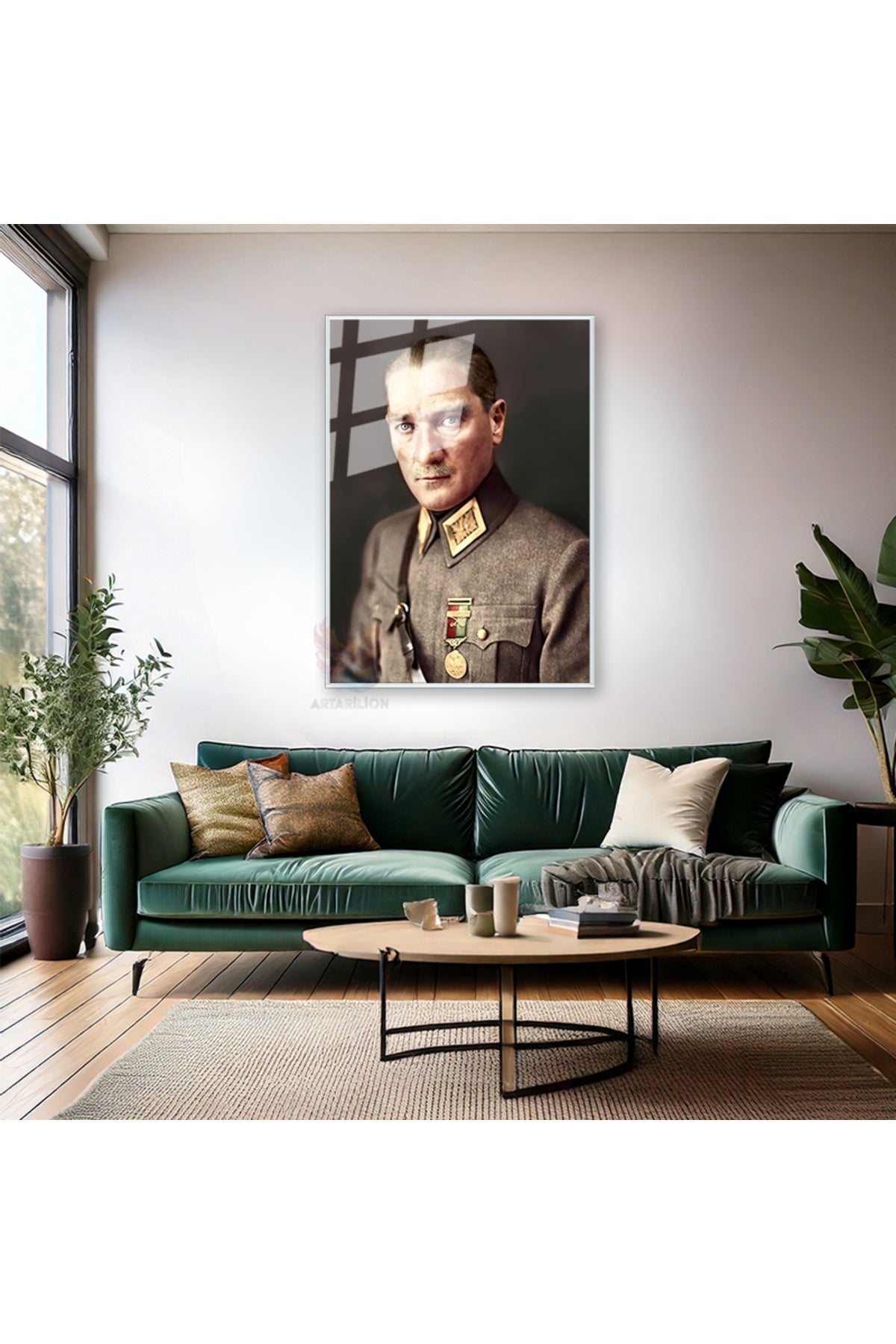 Uniformalı Atatürk Portresi Mustafa Kemal Atatürk Metal Çerçeveli Cam Tablo Modeli Ev Ofis Dekoru