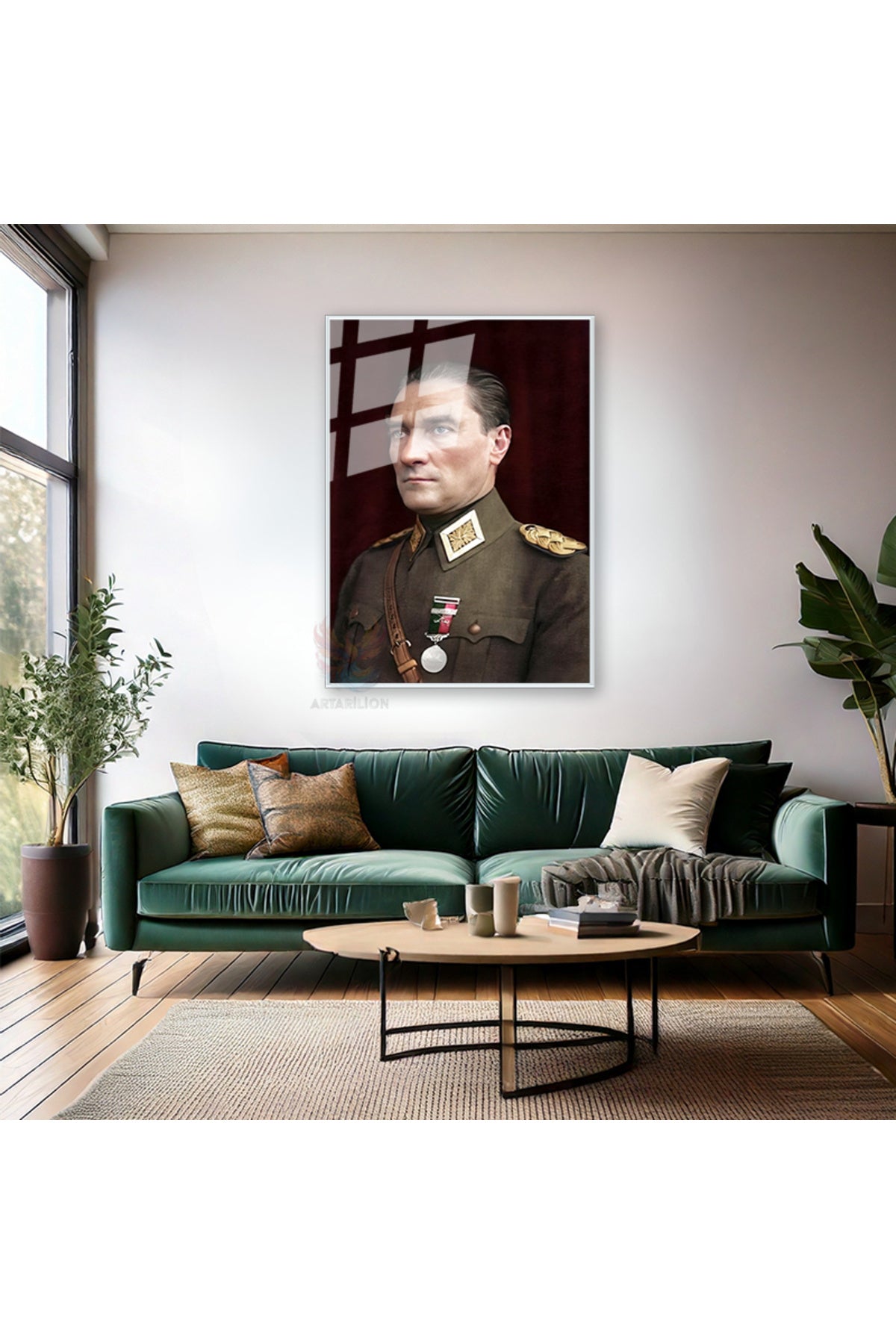 Dikey Metal Çerçeveli Cam Renkli Atatürk Tablosu Metal Çerçeveli Cam Ofis Ev Tablosu Duvar Dekoru