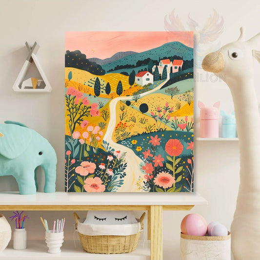 Canvas Painting with a Small Village Pattern in Flowers Printed Painting Children's Room Painting Children's Room Painting