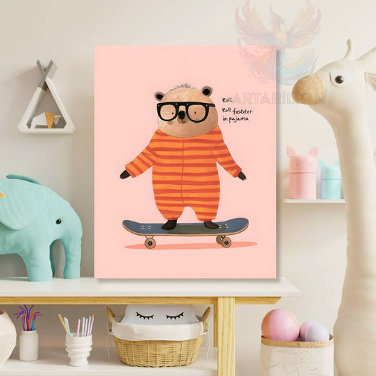 Cute Hedgehog Patterned Canvas Print on Skateboard Wall Decor Children's Room Print