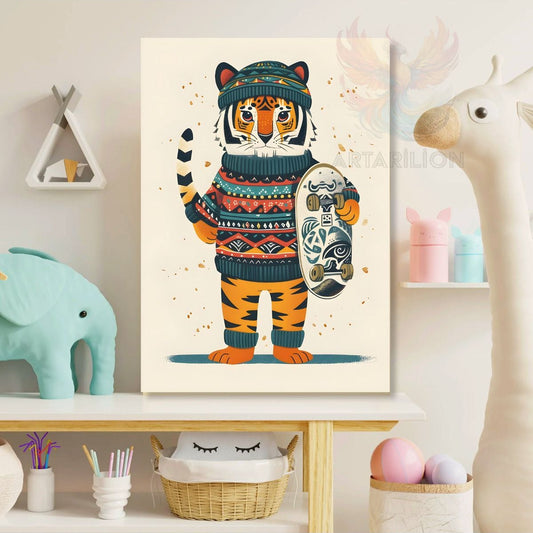 Canvas Printed Picture of a Little Tiger with a Skateboard, Playroom Picture, Children's Room Picture