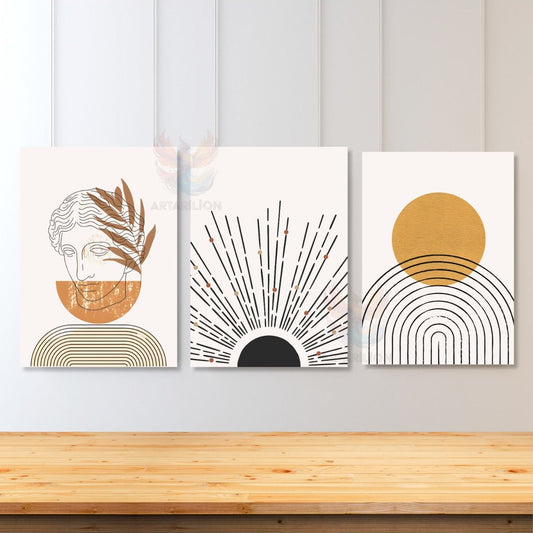3'lü Set Kanvas Tablo Minimalist Tasarım Line Art Heykel ve Güneş Oturma Bohemian Kanvas Tablo
