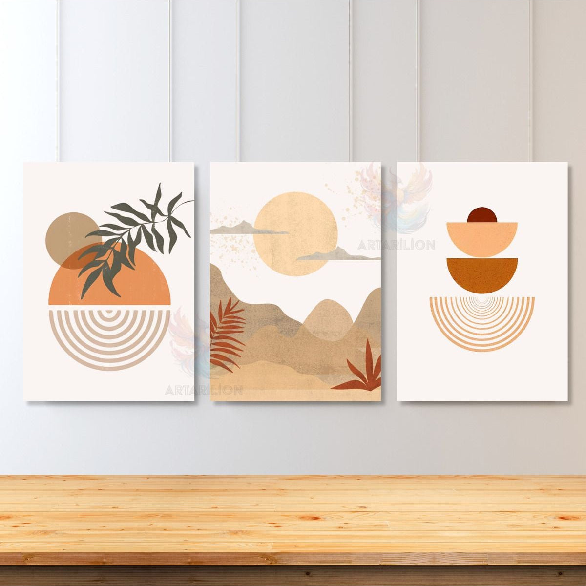 3'lü Set Kanvas Tablo Minimalist Kahverengi Yapraklar Boho Manzara Tablosu Bohemian Kanvas Tablo