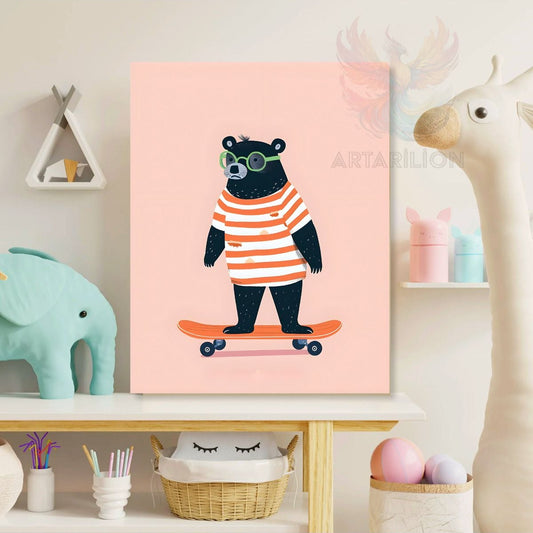 Canvas Printed Painting with Skateboarding Bear Pattern, Playroom Painting, Wall Decor, Children's Room Painting