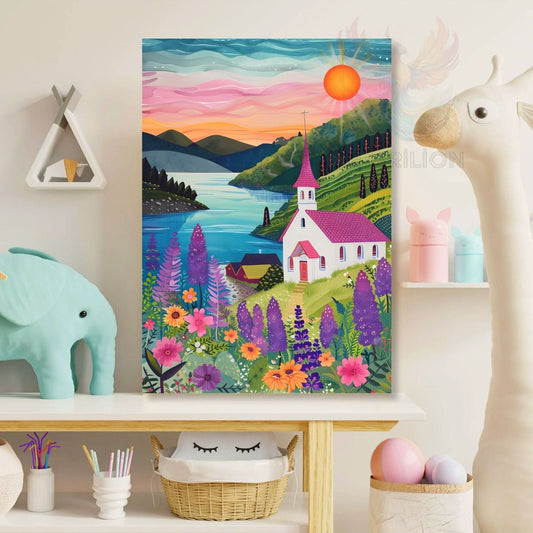Canvas Printed Picture with Small Village and Sunset Pattern, Wall Decor, Children's Room Picture
