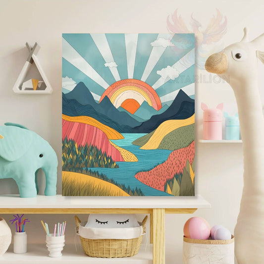 Canvas Sun and Nature Patterned Printed Painting Playroom Painting Wall Decor Children's Room Painting