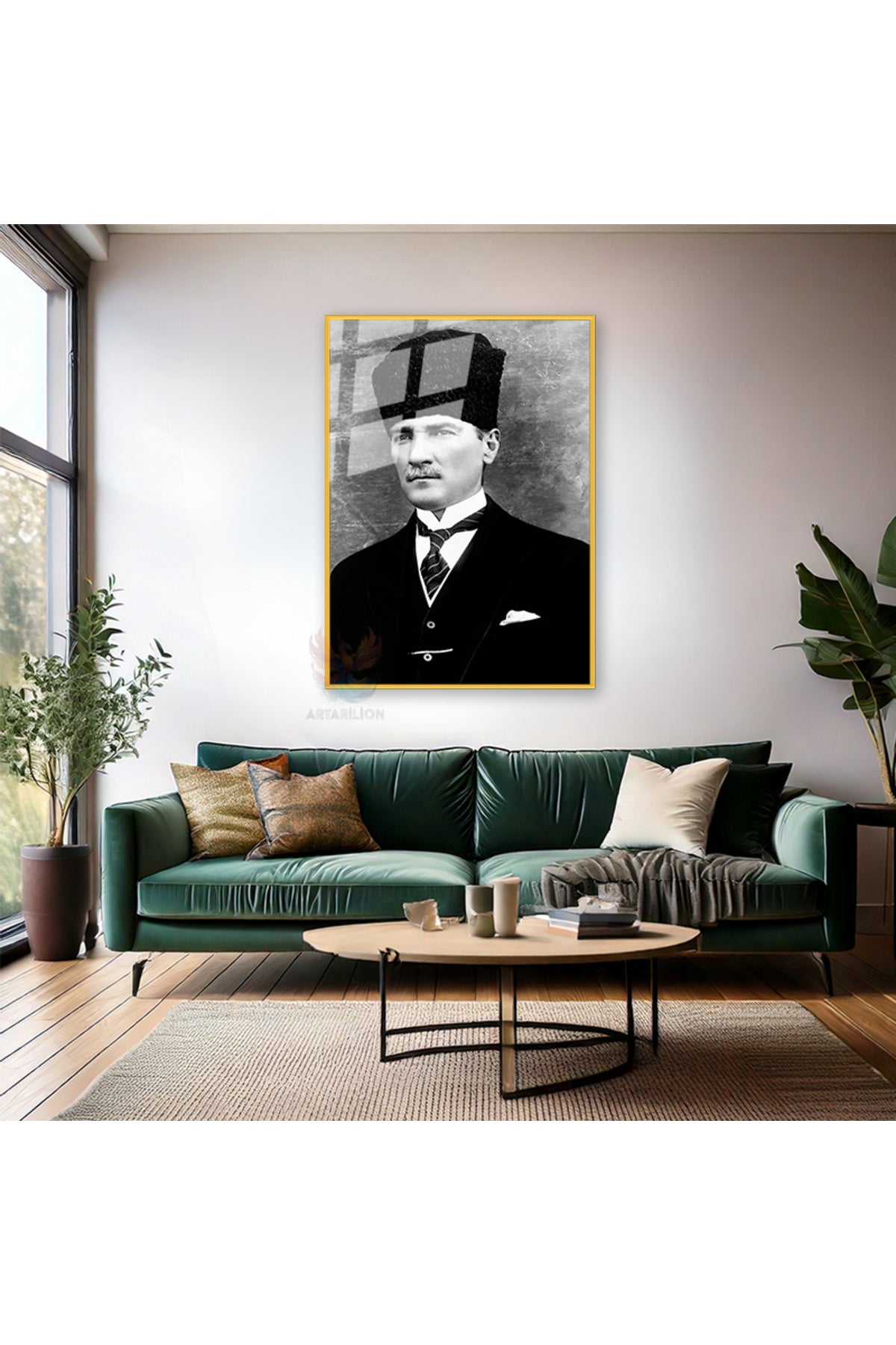 Dikey Metal Çerçeveli Cam Siyah Beyaz Atatürk Tablosu Çerçeveli Cam Ofis Ev Tablosu Duvar Dekoru