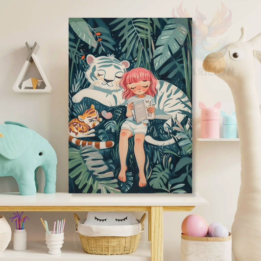 Little Girl and White Cat Patterned Canvas Print Wall Decor Children's Room Painting