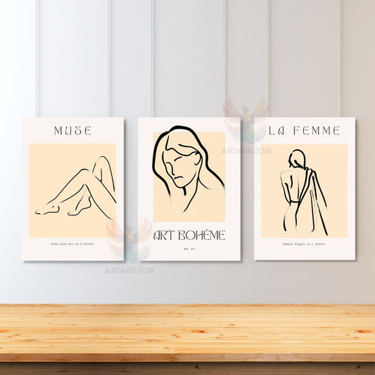 3'lü Set Kanvas Tablo Minimalist Line Art Kadın Görseli Oturma Odası Tablosu Bohemian Kanvas Tablo