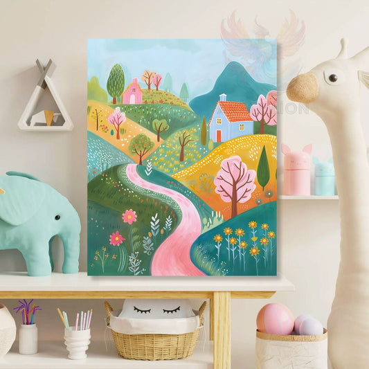 Canvas Colorful Village Road Patterned Printed Painting Playroom Painting Children's Room Painting