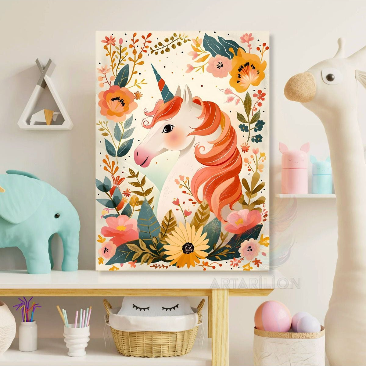 Kanvas Unicorn ve Çiçekler Baskı Tablo Oyun Odası Tablosu Çocuk Odası Tablosu