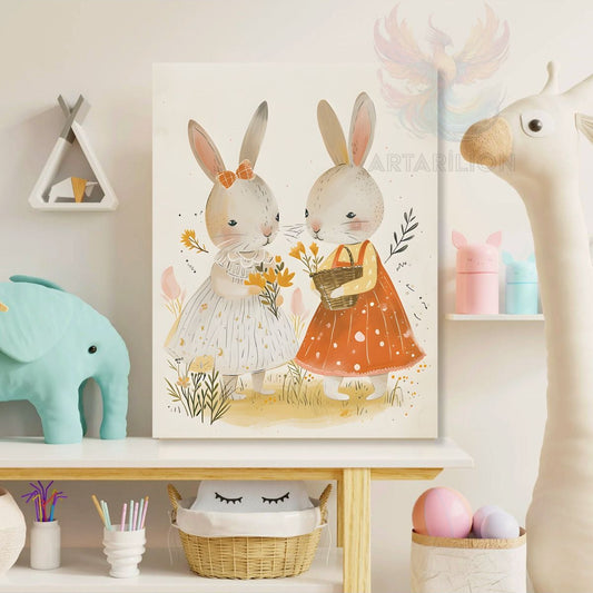 Canvas Printed Painting with Two Cute Rabbits Pattern, Children's Room Painting, Wall Decor, Children's Room Painting
