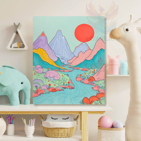 Canvas Mountain Road and Sun Patterned Printed Painting Playroom Painting Wall Decor Children's Room Painting