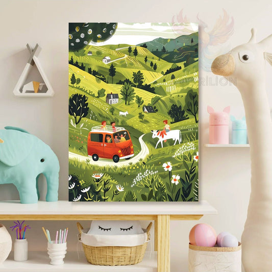 Green Nature and Red Car Canvas Print Wall Decor Children's Room Print