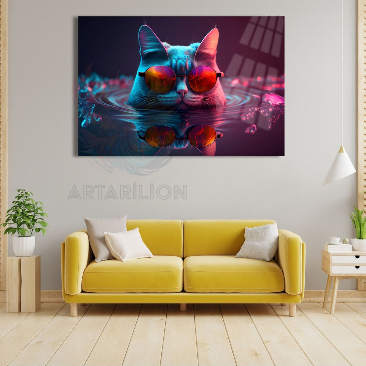 Gözlüklü Yüzen Kedi Tablosu Kırılmaz Cam Tablo Salon Tablosu Yeni Ev Hediyesi