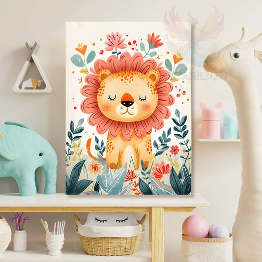 Canvas Printed Lion Cub and Flowers Printed Painting Playroom Painting Children's Room Painting