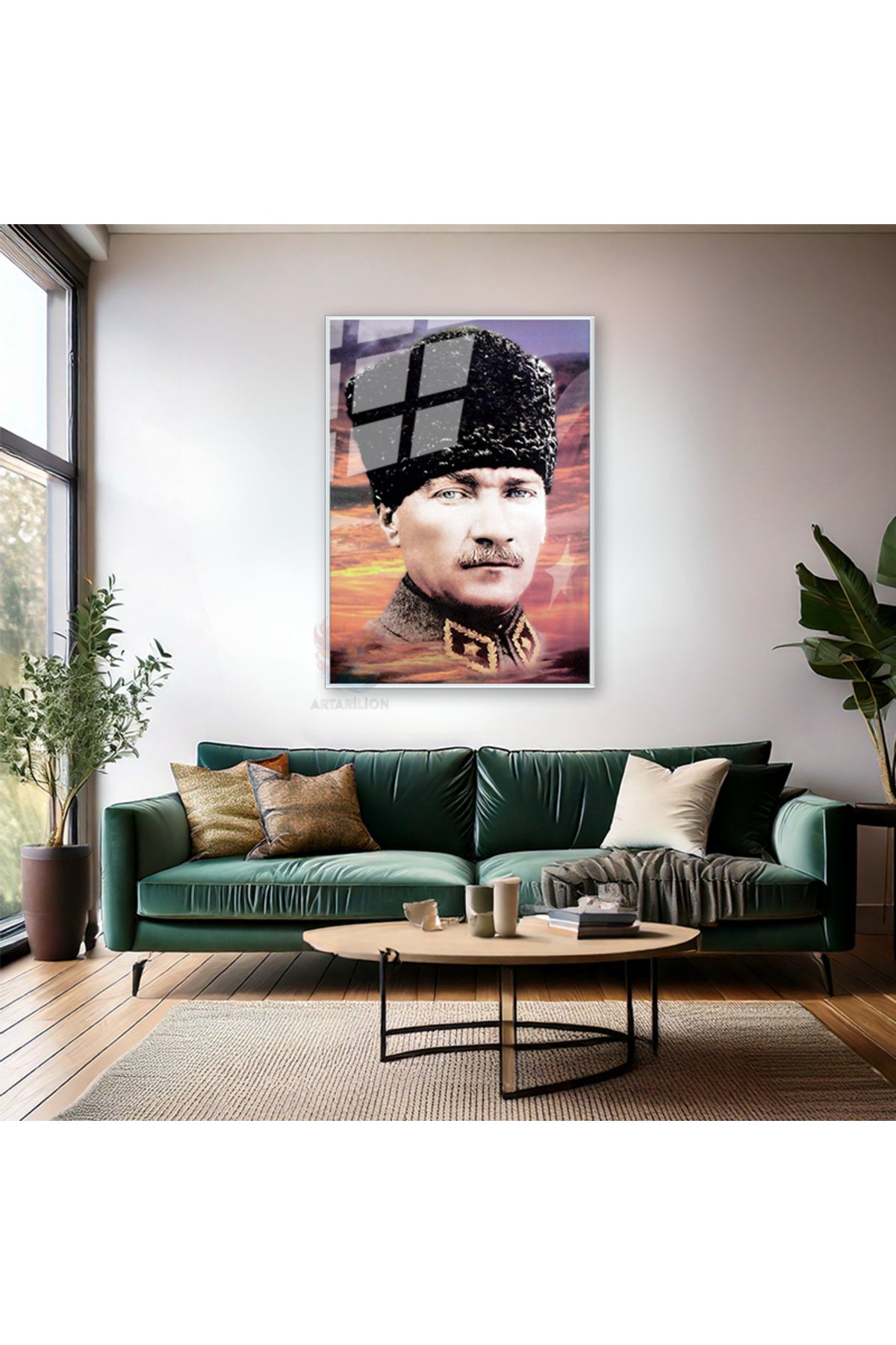 Gökyüzü ve Atatürk Görseli Metal Çerçeveli Cam Tablo HD Dijital Baskı Ev Ofis Dekoru