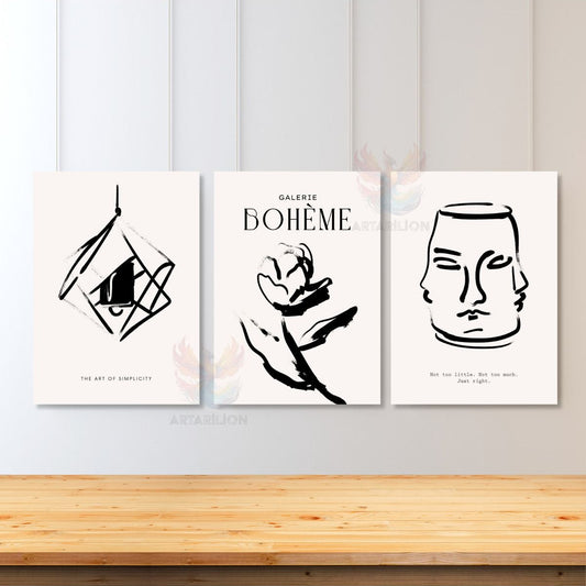 3'lü Set Kanvas Tablo Minimalist Tasarım Boho Modern Sanat Duvar Tablosu Bohemian Kanvas Tablo