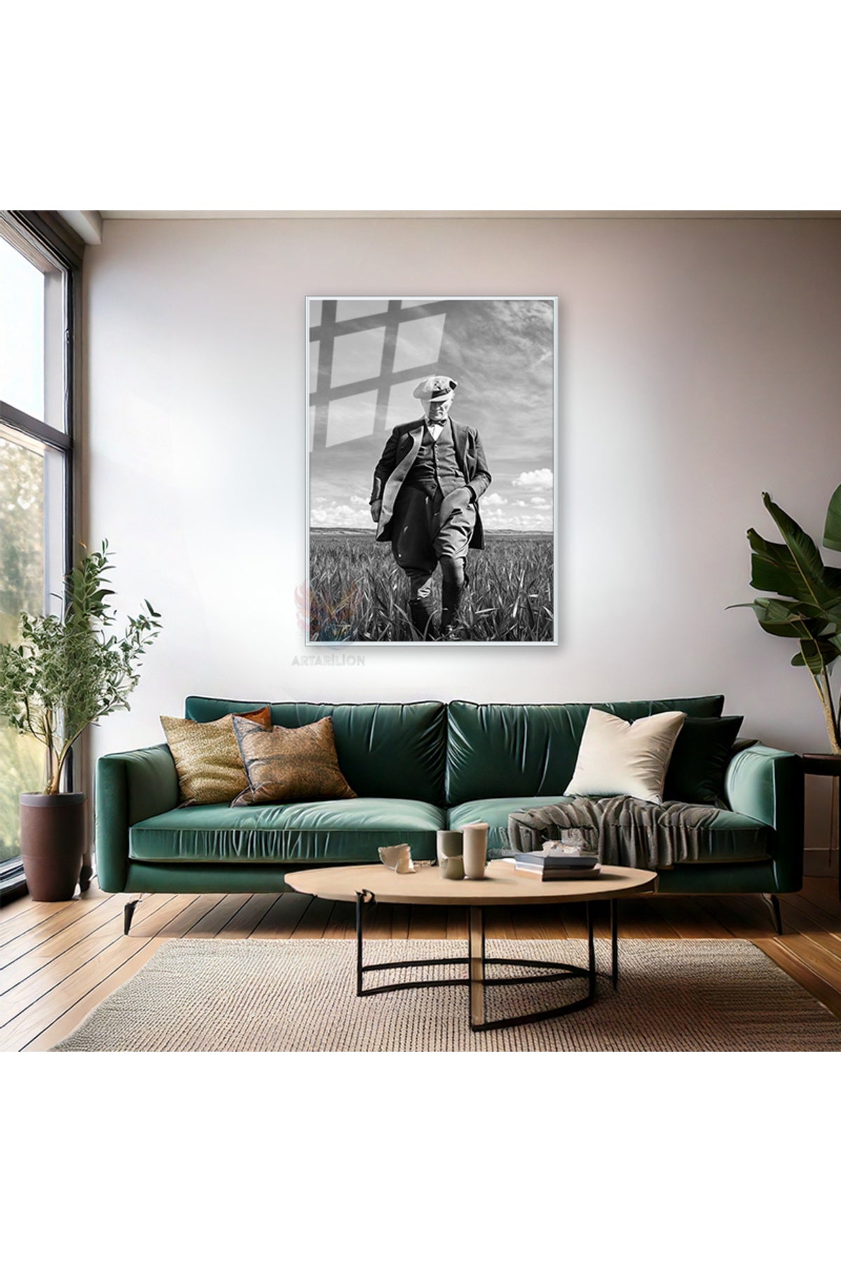 Siyah Beyaz Atatürk Görseli Metal Çerçeveli Cam Tablo Dijital Baskı Kırılmaz Metal Çerçeveli Cam