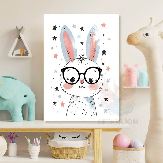 Cute Rabbit with Glasses Canvas Print Painting Playroom Painting Kids Room Painting