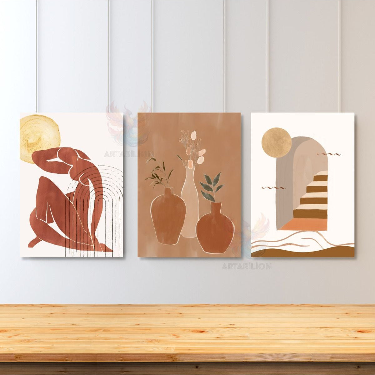 3'lü Set Kanvas Tablo Minimalist Boho Modern Kadın Vazo Merdiven Duvar Tablosu Bohemian Kanvas Tablo