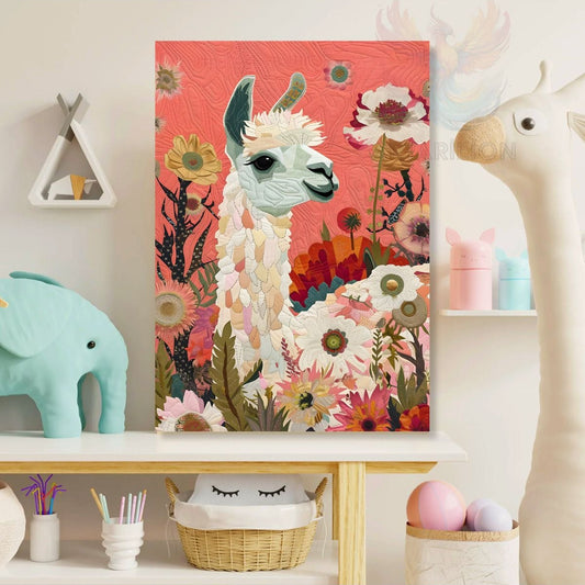 Canvas Llama and Flowers Printed Painting Playroom Painting Wall Decor Children's Room Painting