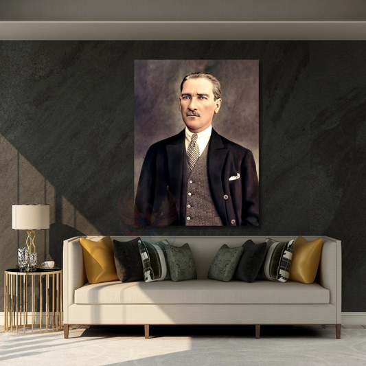 Renklendirilmiş Atatürk Kanvas Tablo Modeli Dikey Duvar Tablosu Ofis Ev Dekoru