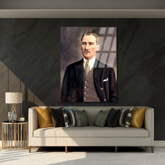 Renklendirilmiş Atatürk Cam Tablo Modeli Dikey Duvar Tablosu Ofis Ev Dekoru