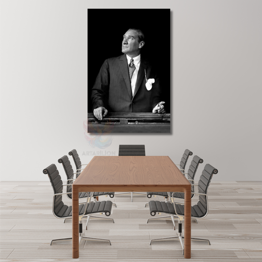 Siyah Beyaz Mustafa Kemal Atatürk Tablo Atatürk Kanvas Tablo Dikey Tablo Salon Ofis Tablosu
