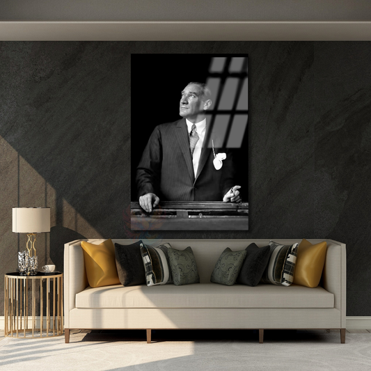 Siyah Beyaz Mustafa Kemal Atatürk Tablo Atatürk Cam Tablo Dikey Tablo Salon Ofis Tablosu