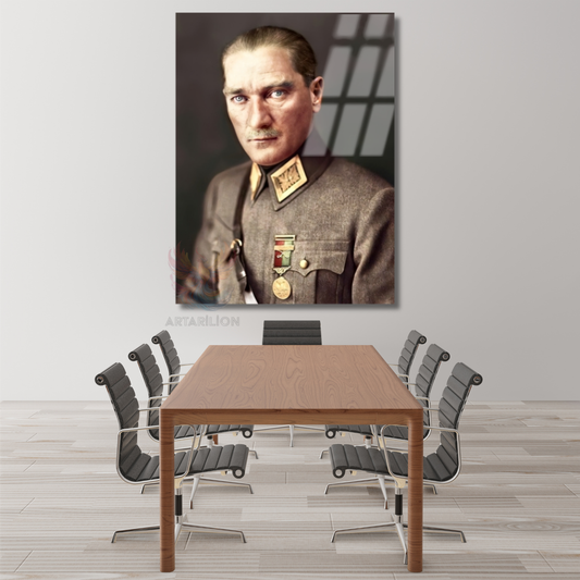 Uniformalı Atatürk Portresi Mustafa Kemal Atatürk Cam Tablo Modeli Ev Ofis Dekoru