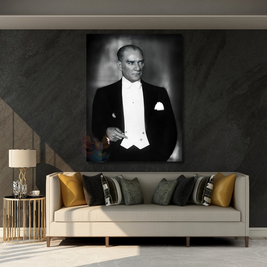 Mustafa Kemal Atatürk Siyah Beyaz Kanvas Tablo Dikey Duvar Tablosu Ev Ofis Tablosu