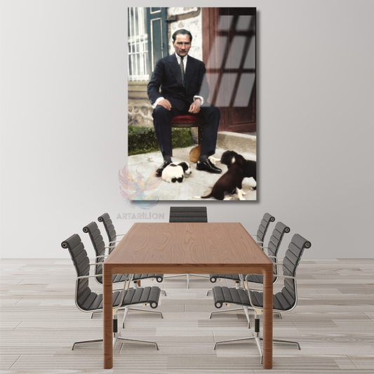 Takım Elbiseli Atatürk Cam Duvar Tablosu Dikey Tablo Ev Ofis Dekoru