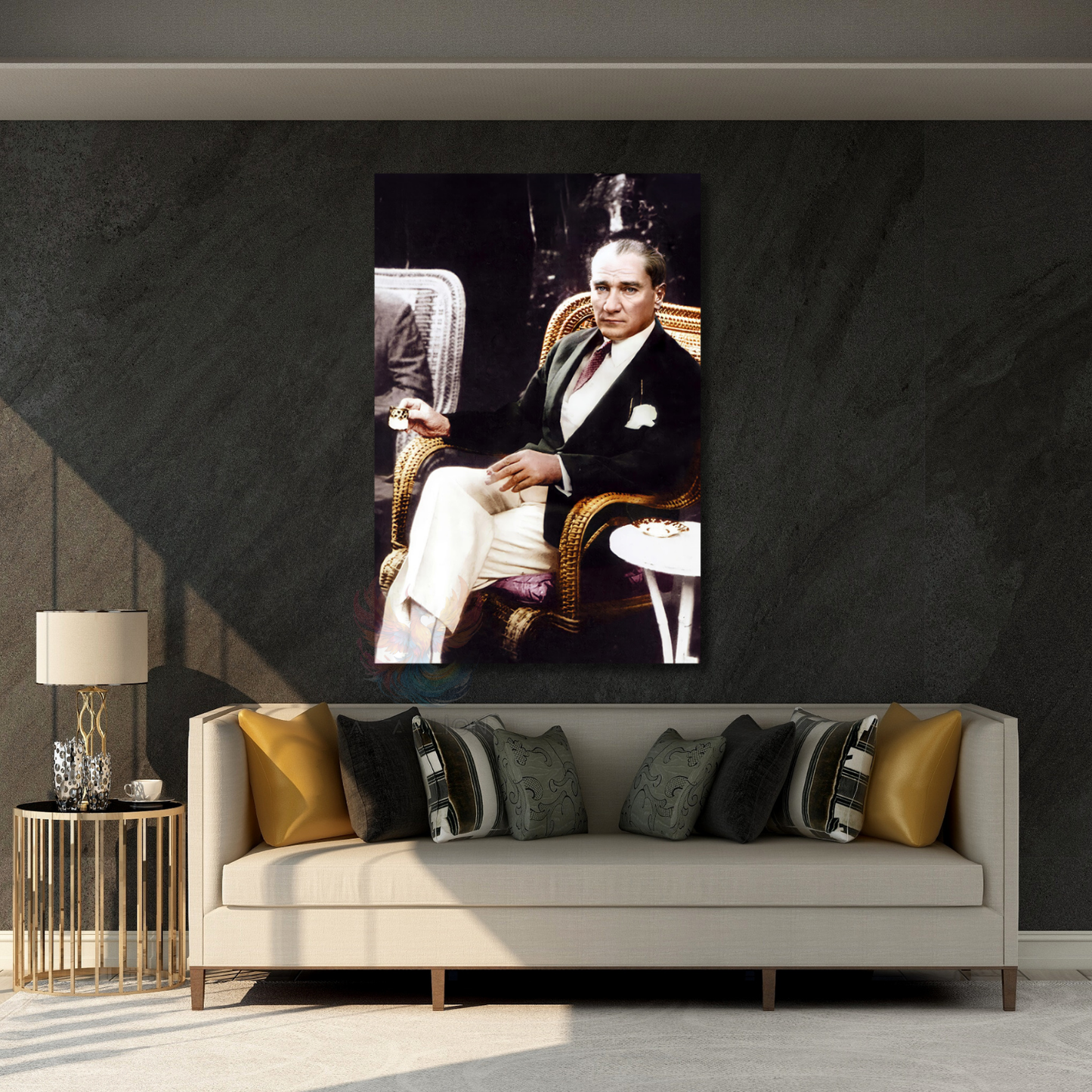 Kahve İçen Atatürk Görseli Renkli Atatürk Tablosu Dikey Kanvas Ev Ofis Tablosu