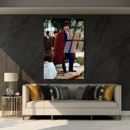 Atatürk ve Kurt Görseli Cam Tablo Dikey Duvar Tablosu Ev Ofis Tablosu