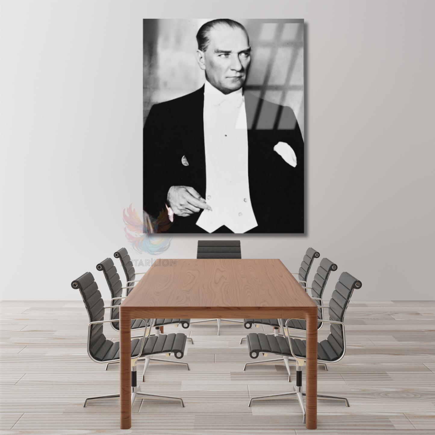 Siyah Beyaz Karizmatik Atatürk Görseli Cam Tablo Dikey Duvar Tablosu Ev Ofis Dekoru