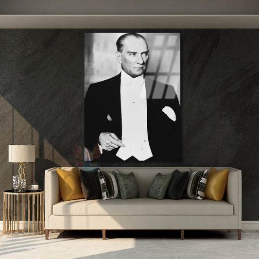 Siyah Beyaz Karizmatik Atatürk Görseli Cam Tablo Dikey Duvar Tablosu Ev Ofis Dekoru