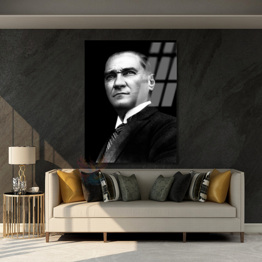Black and White Atatürk Visual Glass Painting Model Home Office Gift Wall Decor