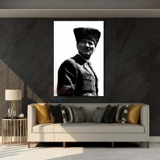 Kanvas Tablo Atatürk Görseli Siyah Beyaz Dikey Duvar Tablosu Ev Ofis Dekoru