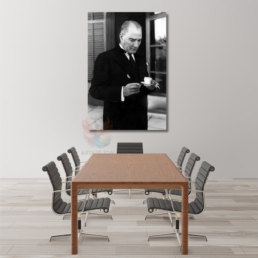 Dikey Kanvas Tablo Kahve İçen Atatürk Görseli Duvar Tablosu Ev Ofis Dekoru