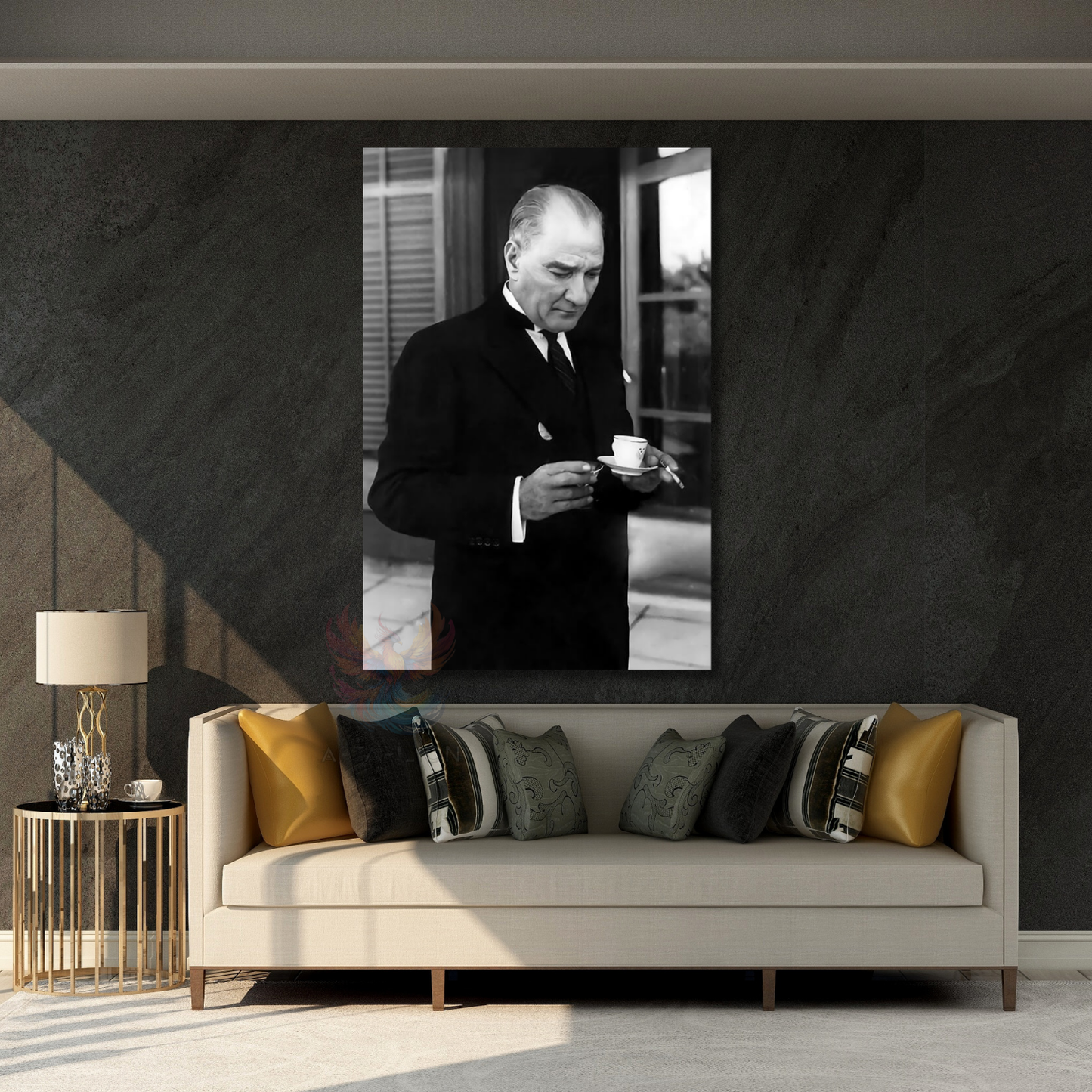Dikey Kanvas Tablo Kahve İçen Atatürk Görseli Duvar Tablosu Ev Ofis Dekoru