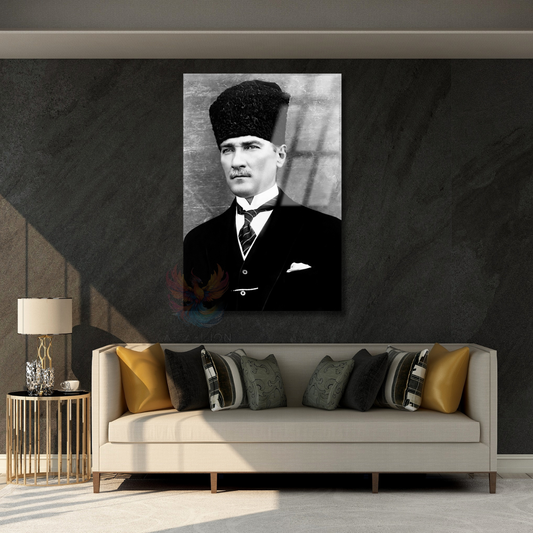 Vertical Glass Black and White Atatürk Painting Glass Office Home Wall Decor