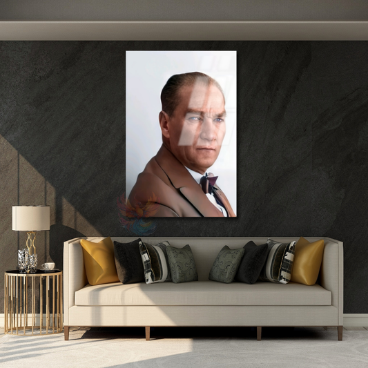 Blue-Eyed Atatürk Glass Painting Home Office Wall Decor Vertical Painting
