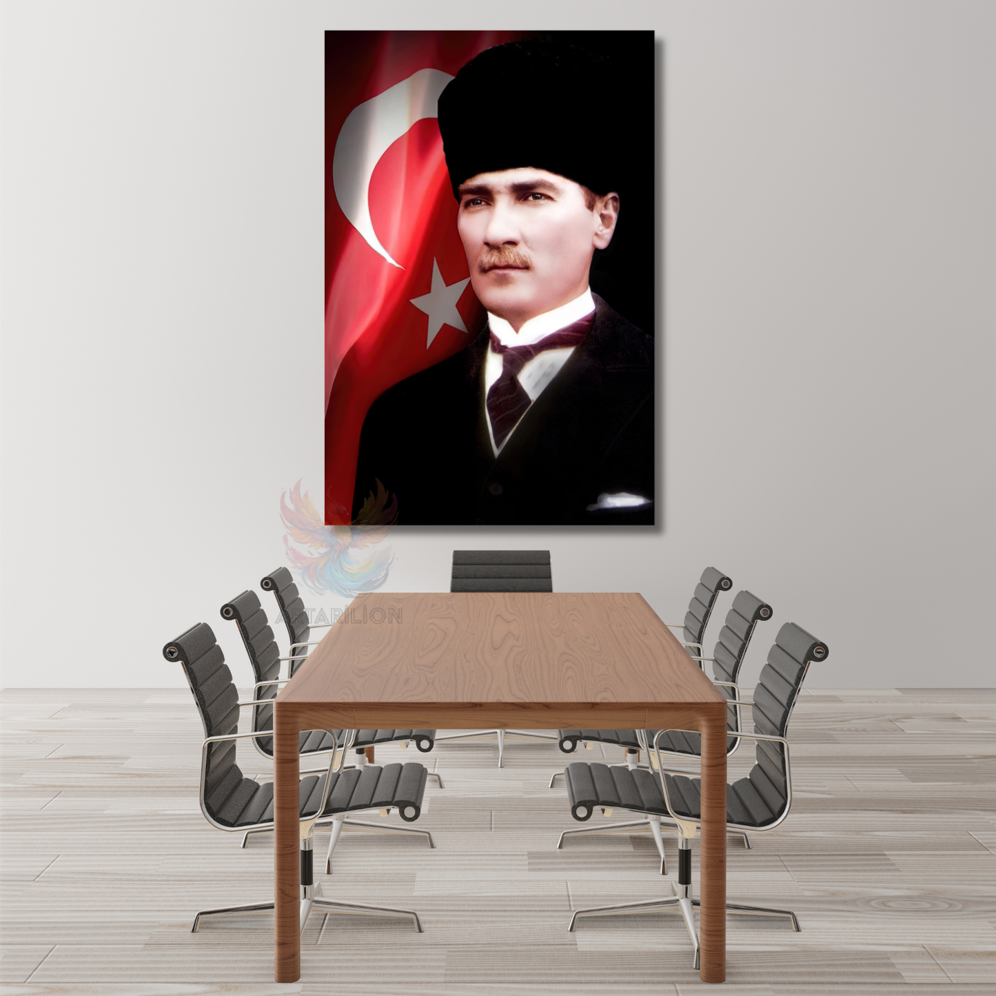 Atatürk ve Bayrak Kanvas Tablo Dikey Duvar Tablosu Ofis Ev Dekoru Atatürk Portresi