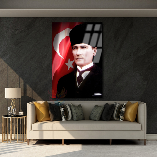 Atatürk ve Bayrak Cam Tablo Dikey Duvar Tablosu Ofis Ev Dekoru Atatürk Portresi