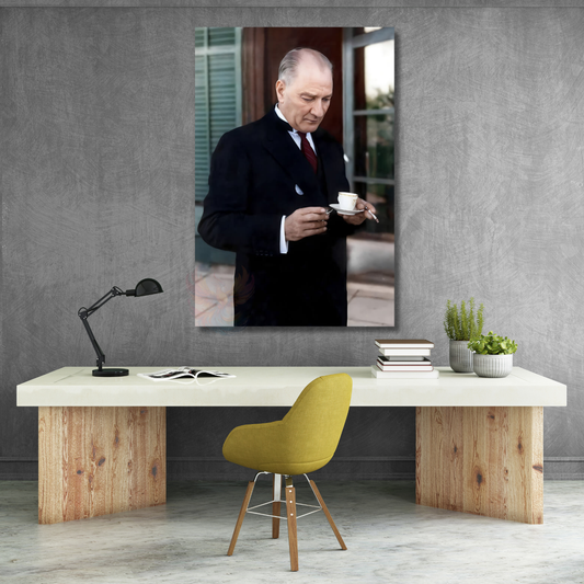 Colored Atatürk Canvas Painting Model Atatürk Drinking Coffee Vertical Wall Painting Office Home Decor
