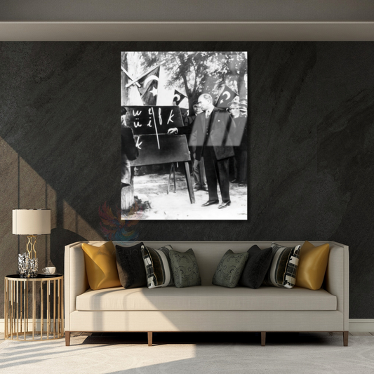 Atatürk Baş Öğretmen Cam Tablo Dikey Duvar Tablosu Okul Ofis Tablosu